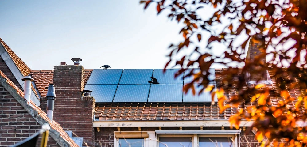 Toiture solaire composée de 10 panneaux photovoltaïques sur une jolie maison anglais en automne.