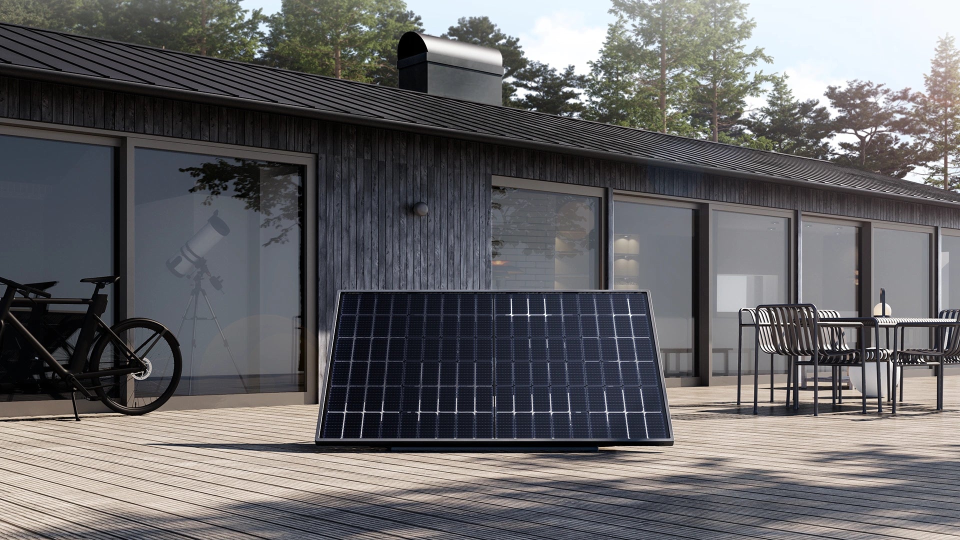 Panneau solaire photovoltaïque plug and play avec batterie fixé au sol devant maison moderne vue de face de la marque Sunology PLAYMax