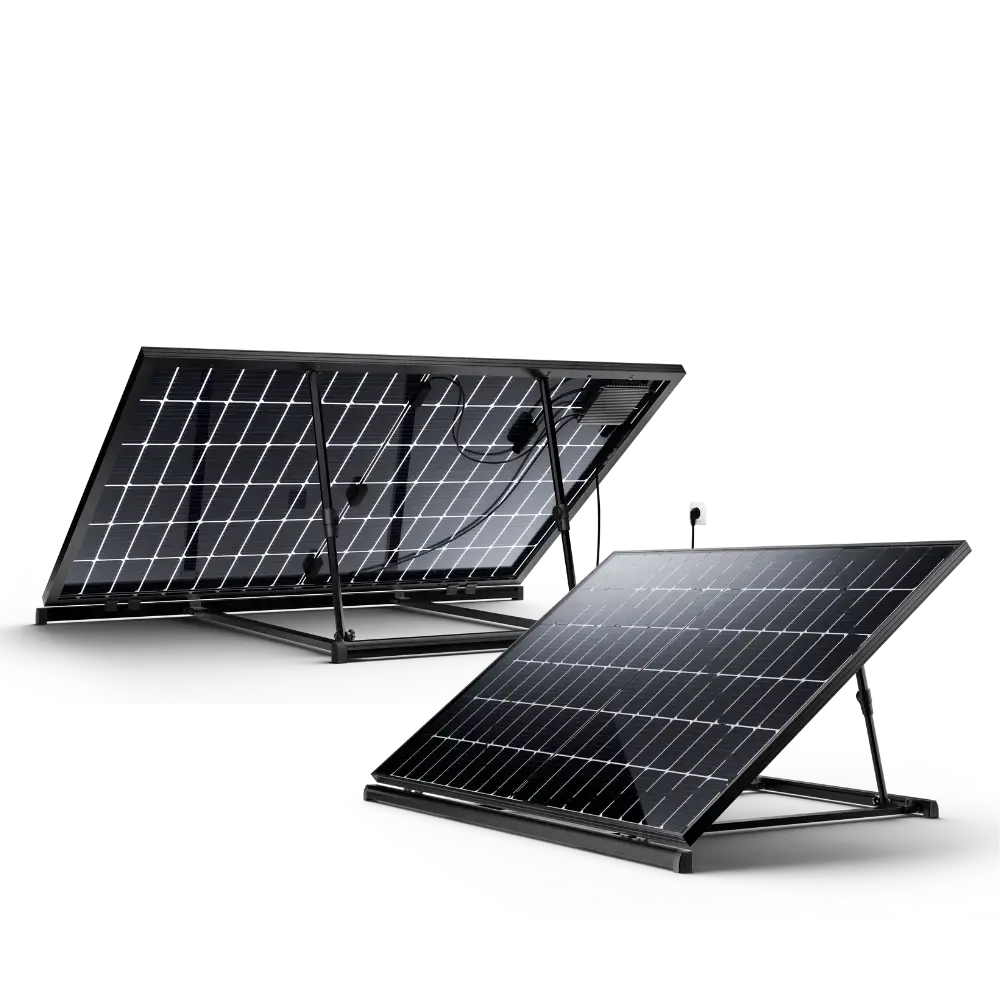 Panneaux Solaires photovoltaïques plug and play biface recto verso installés au sol sur une simple prise de la marque Sunology PLAY